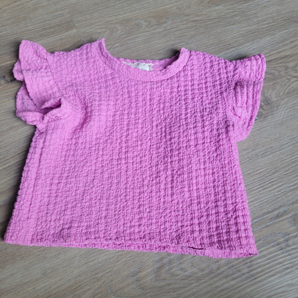 Zara Girls Top 18-24M Pink Cotton Textured Flutter Sleeve Boho Casual